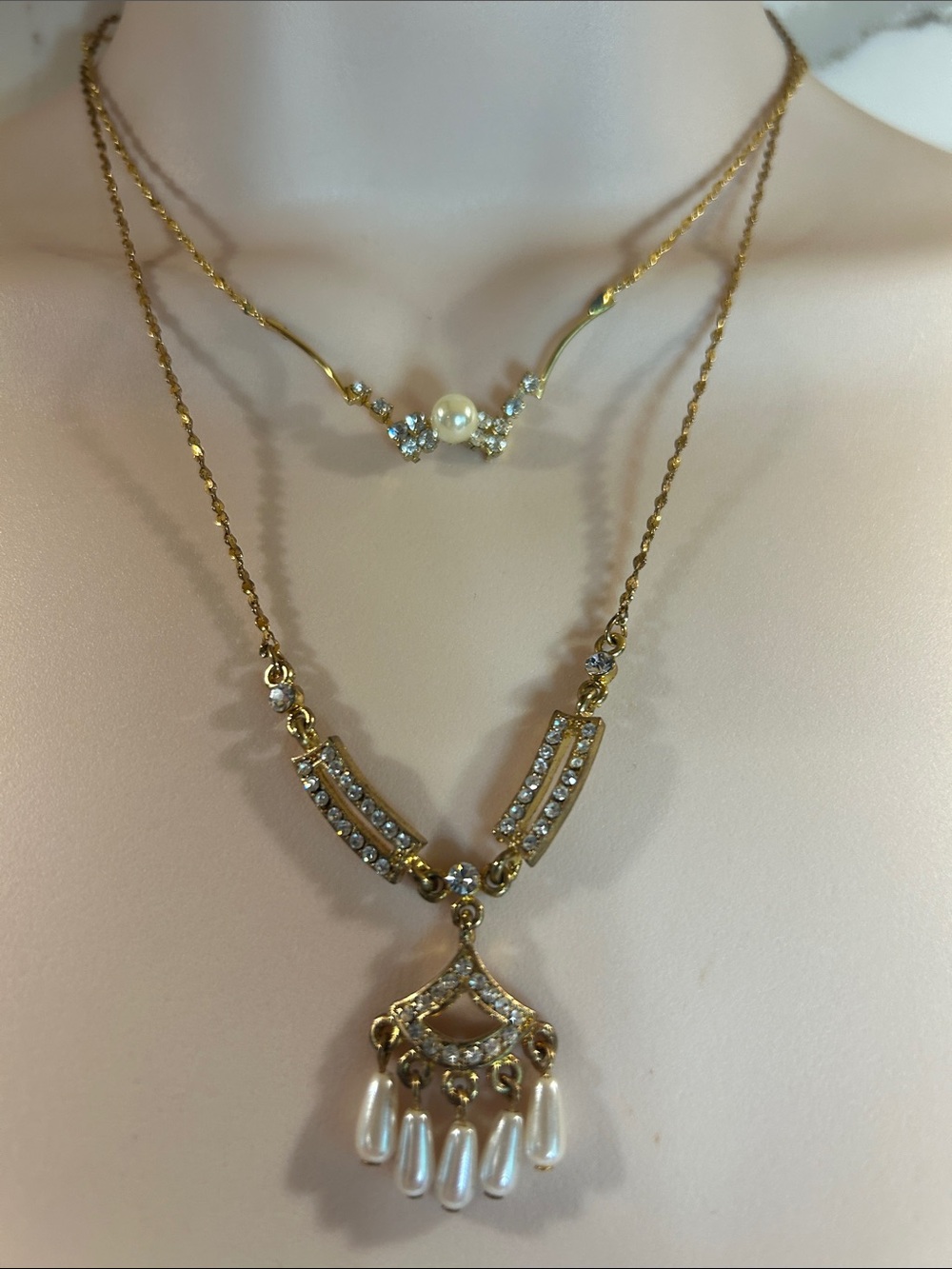 Two Gold-Tone Pearl & Crystal Necklaces